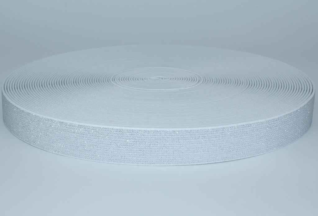 Picture of elastic webbing with glitter - colour: white - 25mm wide - 3m length