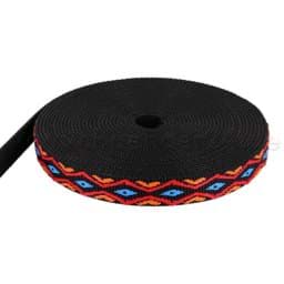 Picture of 50m roll 4-colored PP webbing - orange/red/blue on black webbing - 20mm wide