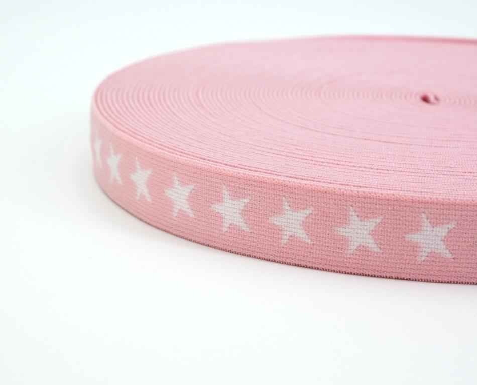 Picture of elastic webbing with stars - 20mm wide - color: pink - 3m roll