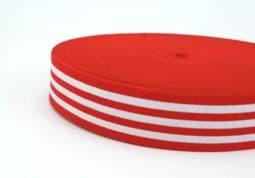 Show details for elastic webbing striped - 40mm wide - color: red / white - 3m roll Picture of elastic webbing striped - 40mm wide - color: red / white - 3m roll