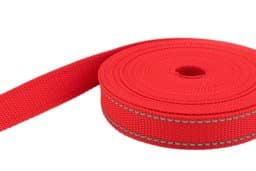 Show details for 10m PP webbing - 25mm width - 1,4mm thick - red with reflective strips (UV) Picture of 10m PP webbing - 25mm width - 1,4mm thick - red with reflective strips (UV)