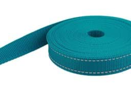 Show details for 50m PP webbing - 25mm wide - 1,4mm thick - petrol with reflector stripes (UV) Picture of 50m PP webbing - 25mm wide - 1,4mm thick - petrol with reflector stripes (UV)