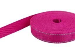 Show details for 50m PP webbing - 25mm width - 1,4mm thick - pink with reflector stripes (UV) Picture of 50m PP webbing - 25mm width - 1,4mm thick - pink with reflector stripes (UV)