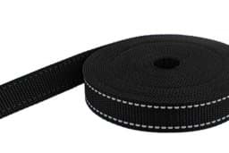 Show details for 50m PP webbing - 25mm width - 1,4mm thick - black with reflector stripes (UV) Picture of 50m PP webbing - 25mm width - 1,4mm thick - black with reflector stripes (UV)
