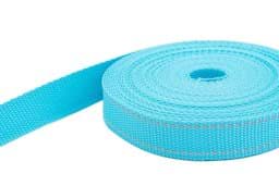 Show details for 50m PP webbing - 25mm width - 1,4mm thick - turquoise with reflector strips (UV) Picture of 50m PP webbing - 25mm width - 1,4mm thick - turquoise with reflector strips (UV)