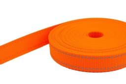 Show details for 50m PP webbing - 25mm width - 1,4mm thick - orange with reflective stripes (UV) Picture of 50m PP webbing - 25mm width - 1,4mm thick - orange with reflective stripes (UV)