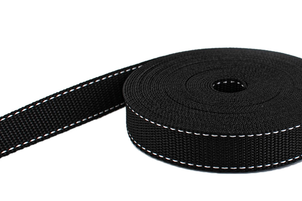 Picture of 10m PP Gurtband - 25mm breit - 1,4mm stark - schwarz mit weißem Faden (UV)