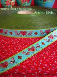 Picture of 3m roll webbing design by luzia pimpinella, 12mm wide, birds with hearts