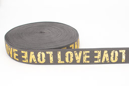 Picture of elastic webbing LOVE gold - 38mm wide - colour: dark grey - 1m