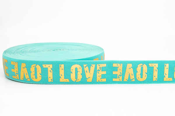 Picture of elastic webbing LOVE gold - 38mm wide - colour: turquoise - 1m