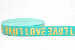 Picture of elastic webbing LOVE gold - 38mm wide - colour: turquoise - 1m