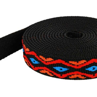 Picture of 1m 4-colored PP webbing - orange/red/blue on black webbing - 20mm wide