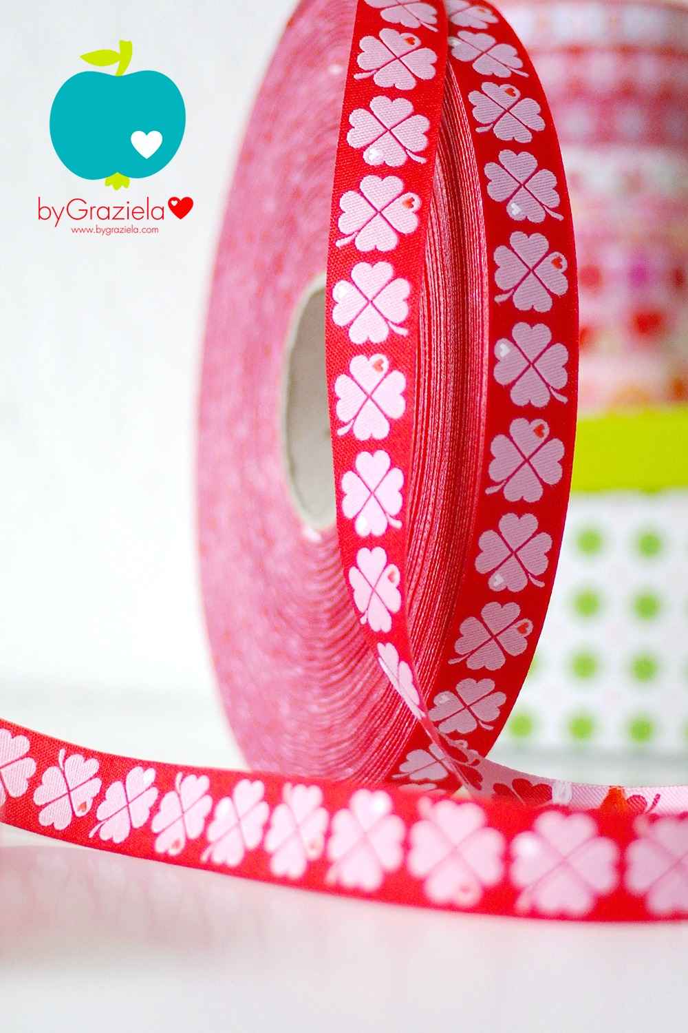 Picture of 5m roll webbing Design by Graziela - 15mm wide, shamrocks red