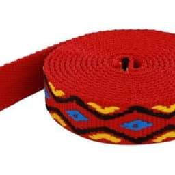 Picture of 50m roll 4-colored PP webbing - blue/yellow/black on red webbing - 20mm wide