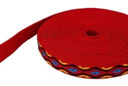 Picture of 50m roll 4-colored PP webbing - blue/yellow/black on red webbing - 25mm wide