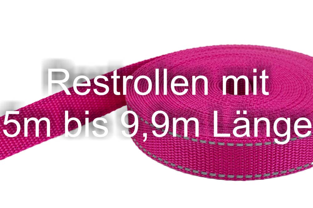Restpostenbox 25mm breites PP-Gurtband 1,4mm stark, 25m - pink mit Reflektorstreifen (UV)