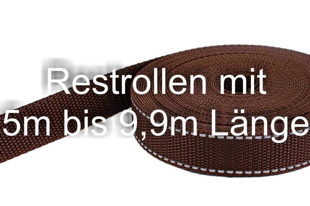 Restpostenbox 25mm breites PP-Gurtband 1,4mm stark, 25m - braun mit Reflektorstreifen (UV)