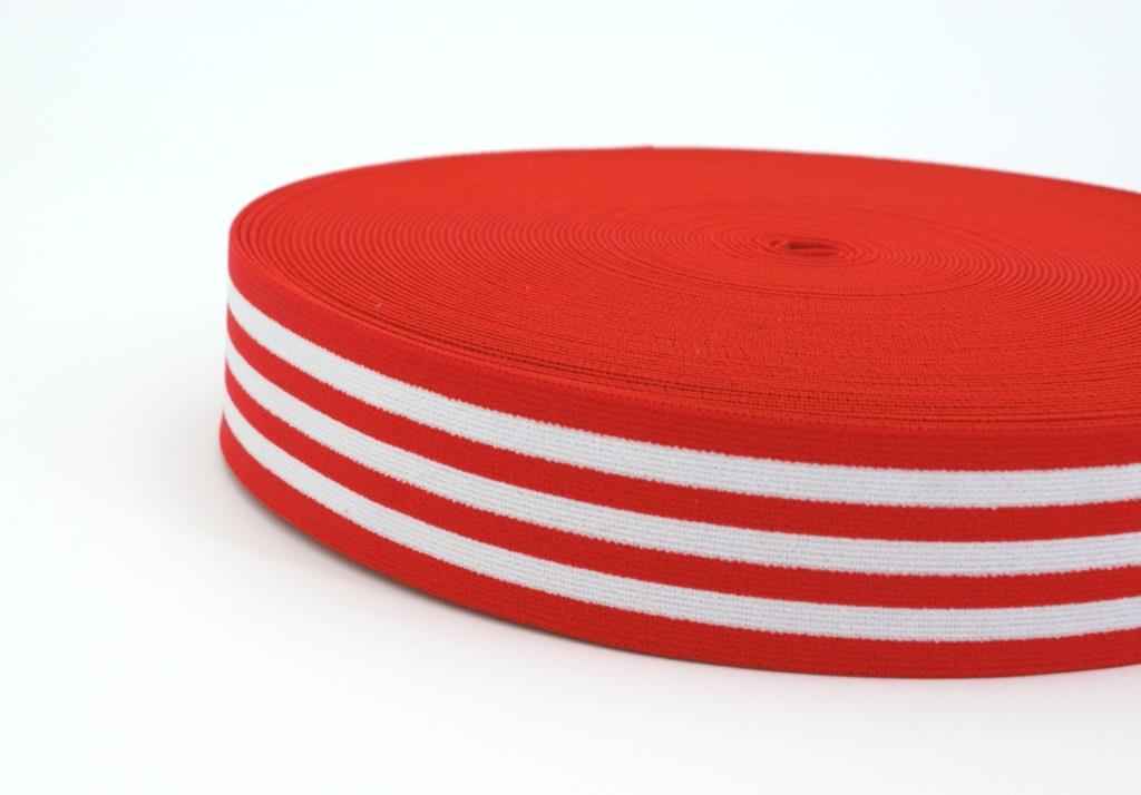 Picture of elastic webbing striped - 40mm wide - color: red / white - 3m roll