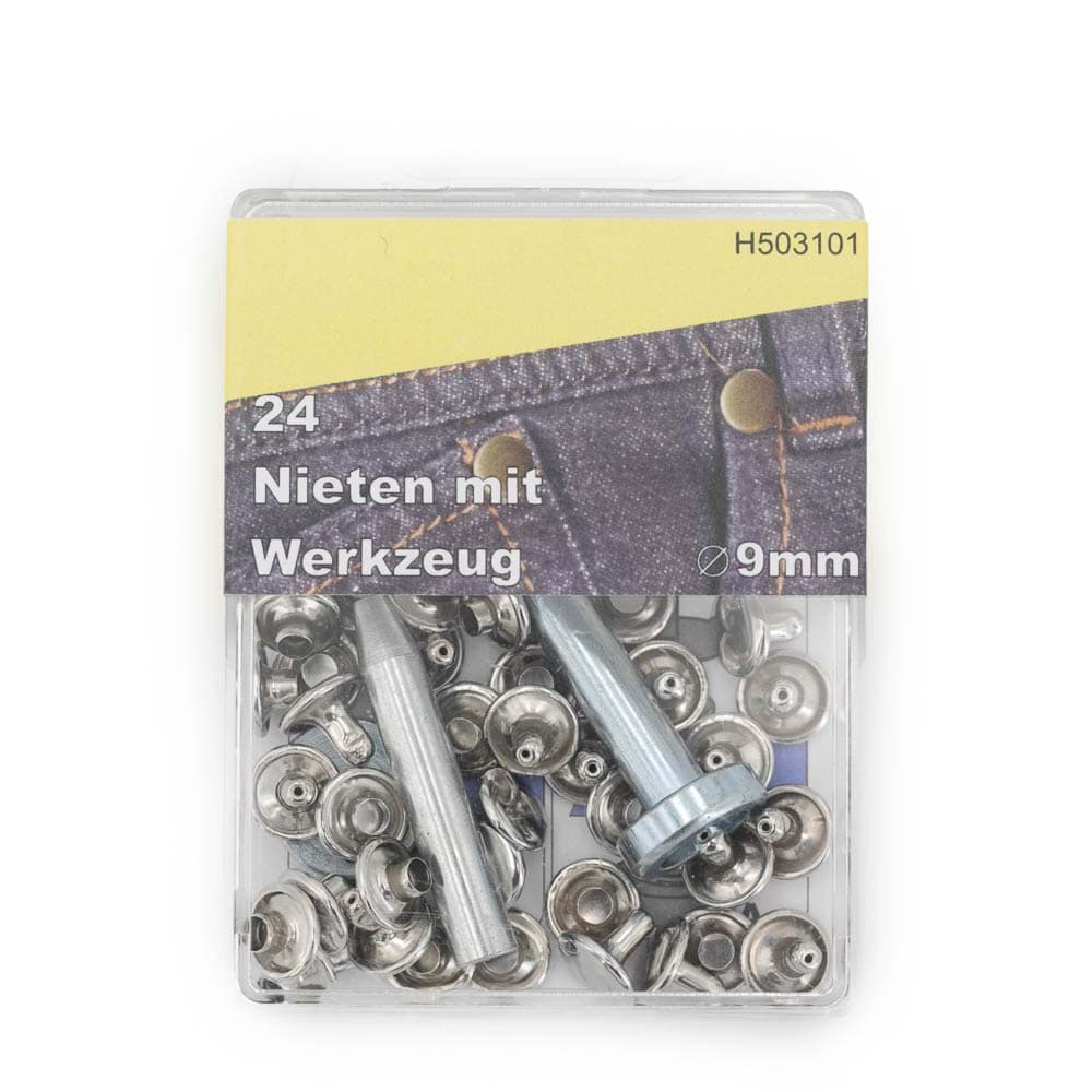 rivets - 9mm - silver - 24 pieces with tool