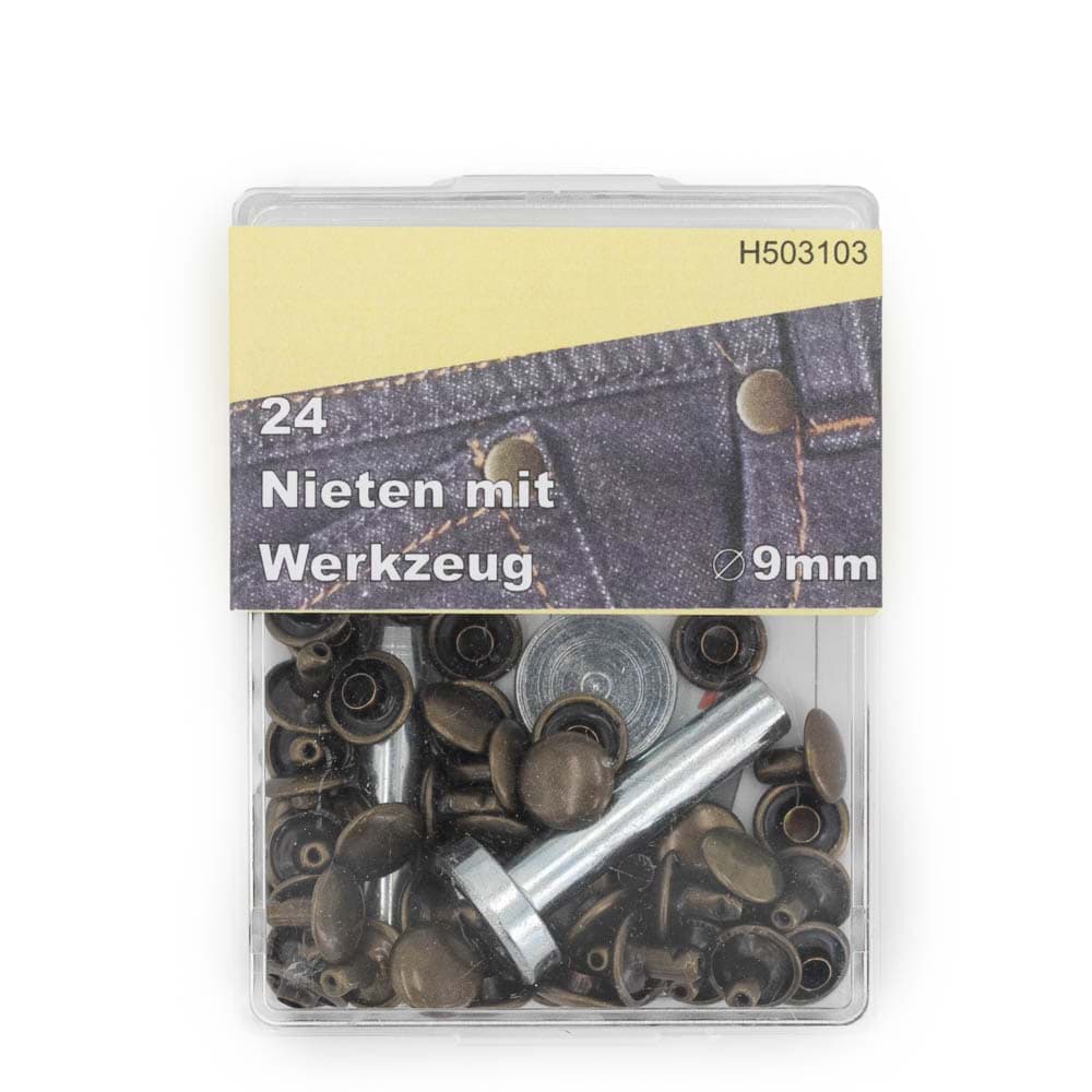 rivets - 9mm - old brass - 24 pieces with tool