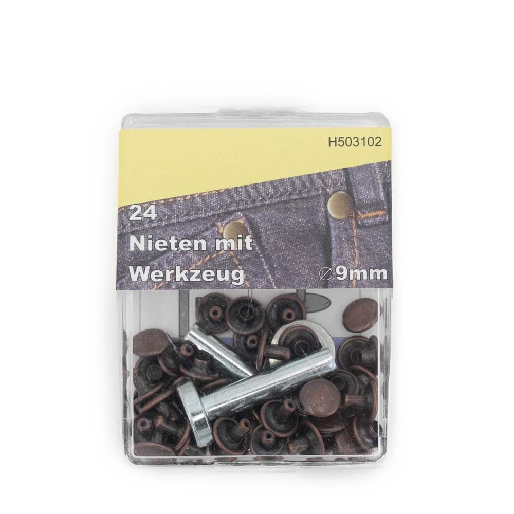 rivets - 9mm - coppery - 24 pieces with tool