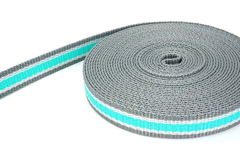 50m 3-farbiges PP-Gurtband - 2,4mm dick - grau/weiß/türkis - 25mm breit