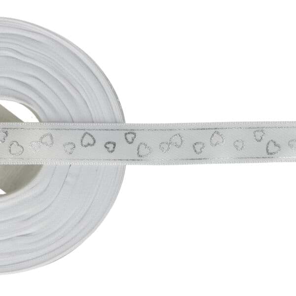 27m Rolle - Band aus Polyester - 15mm breit - weiß mit silbernen Herzen