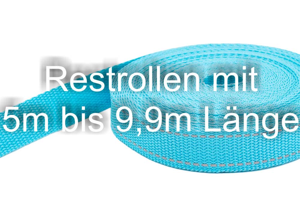 Restpostenbox 25mm breites PP-Gurtband 1,4mm stark, 25m - türkis mit Reflektorstreifen (UV)