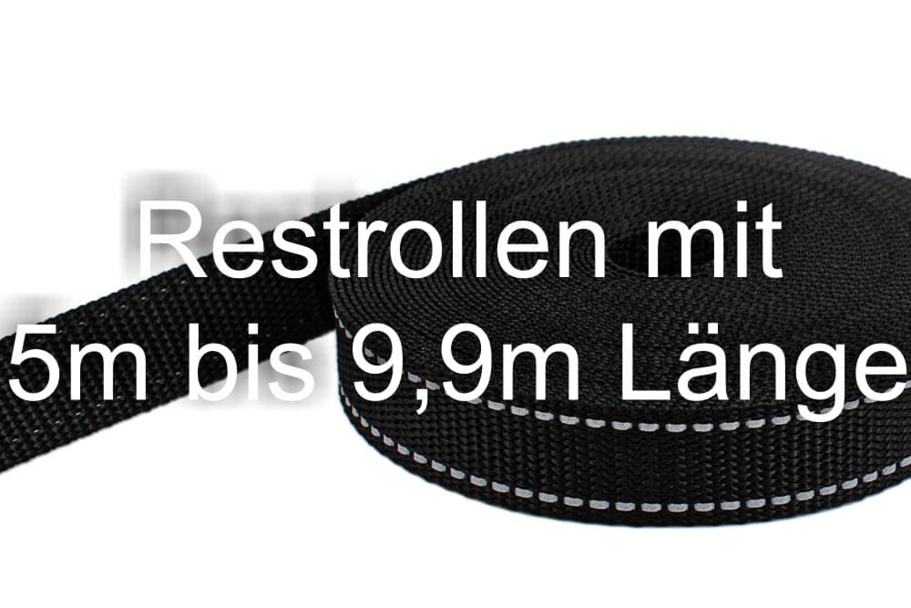Restpostenbox 25mm breites PP-Gurtband 1,4mm stark, 25m - schwarz mit Reflektorstreifen (UV)
