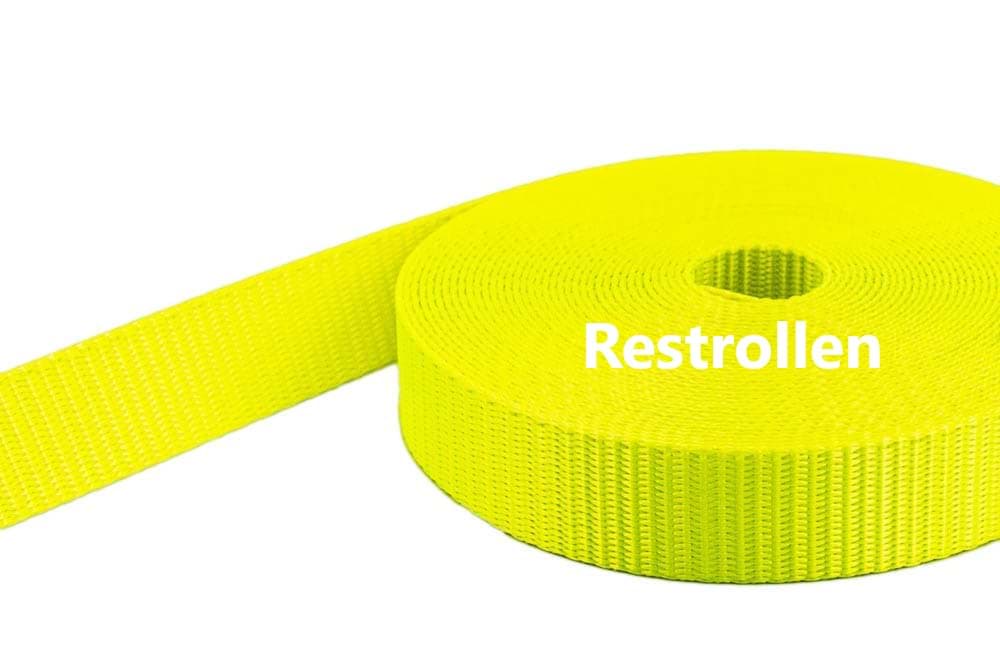 Restpostenbox 20mm breites Gurtband aus Polyester (PES) 1,4mm stark, 25m - neongelb (UV)