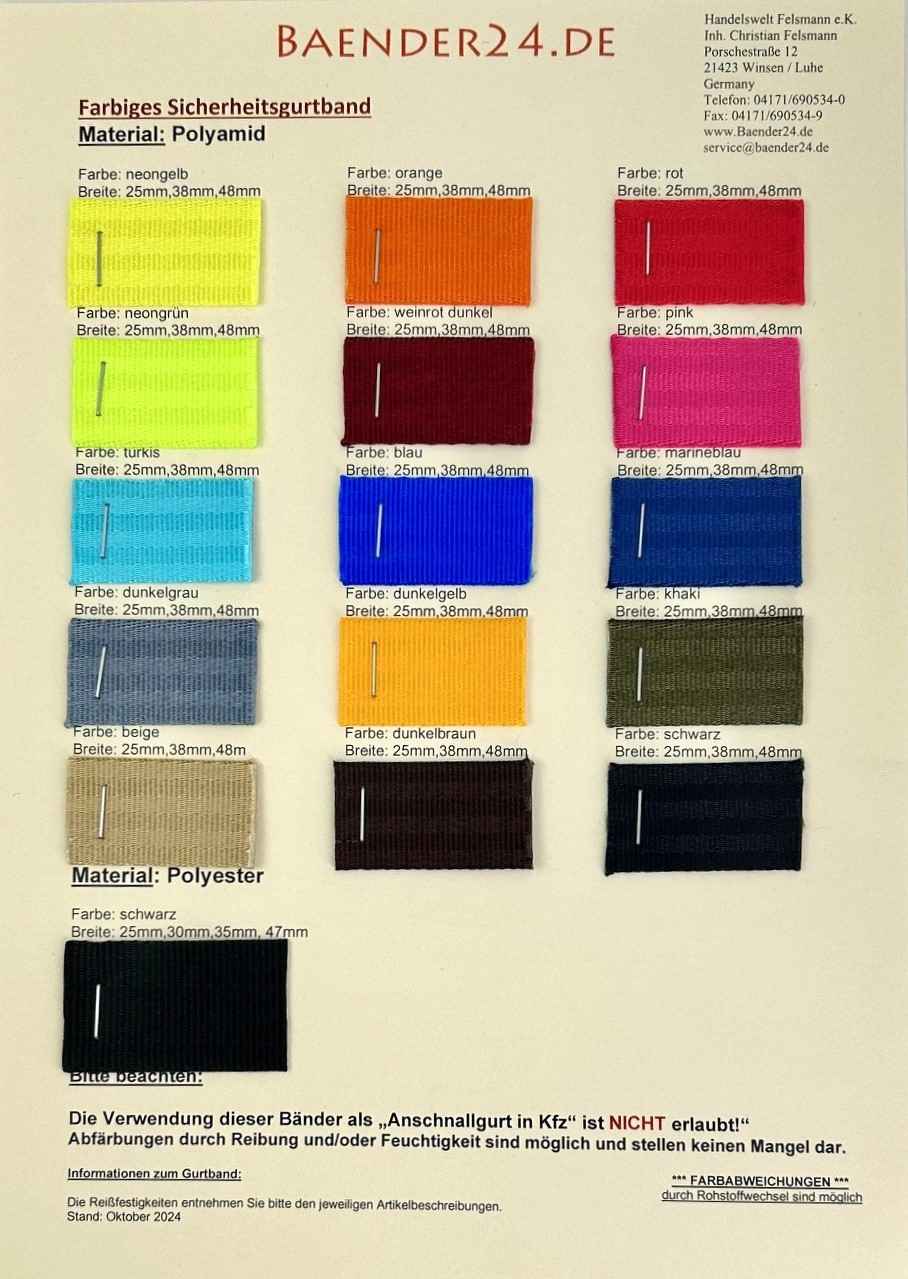 sample card of safety webbings