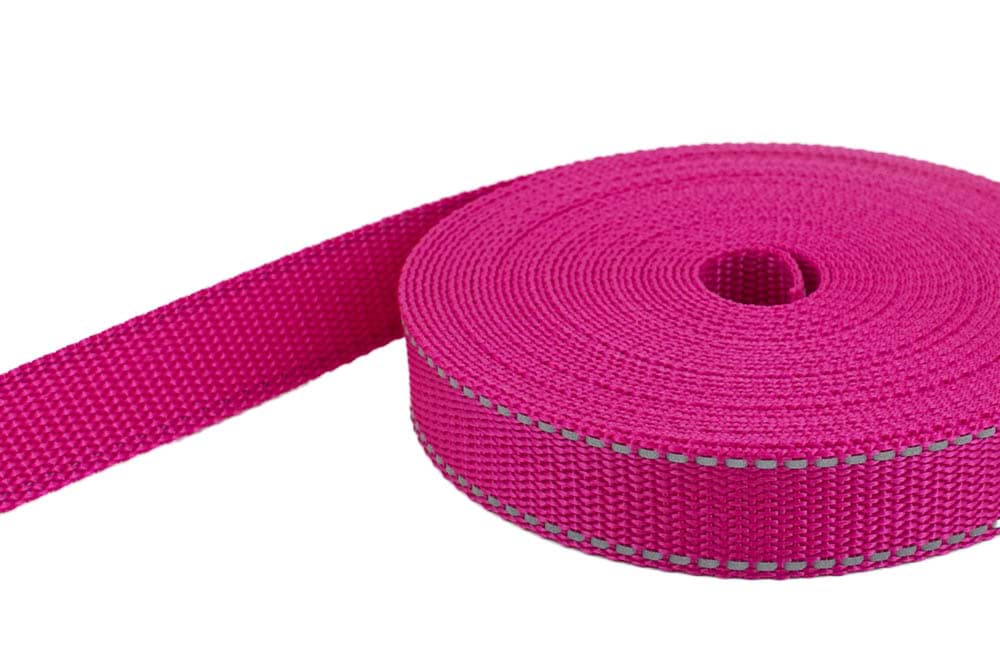 10m PP webbing - 20mm width - 1,4mm thick - pink with reflector stripes (UV)