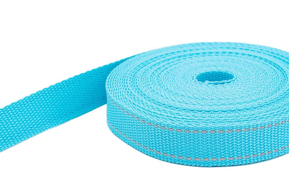 50m PP webbing - 25mm width - 1,4mm thick - turquoise with reflector strips (UV)