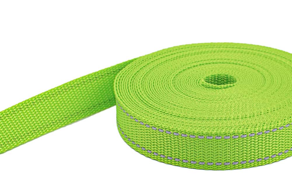 10m PP webbing - 20mm width - 1,4mm thick - lime with reflector stripes (UV)