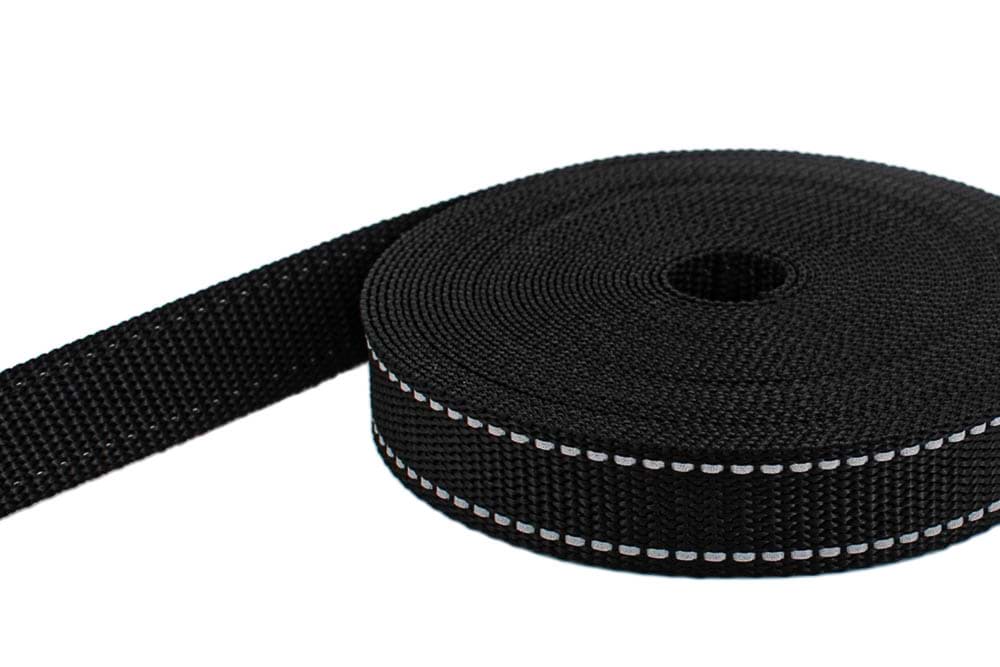 50m PP webbing - 25mm width - 1,4mm thick - black with reflector stripes (UV)