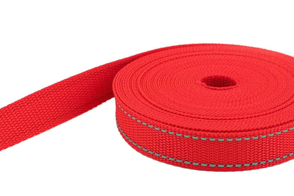10m PP webbing - 25mm width - 1,4mm thick - red with reflective strips (UV)