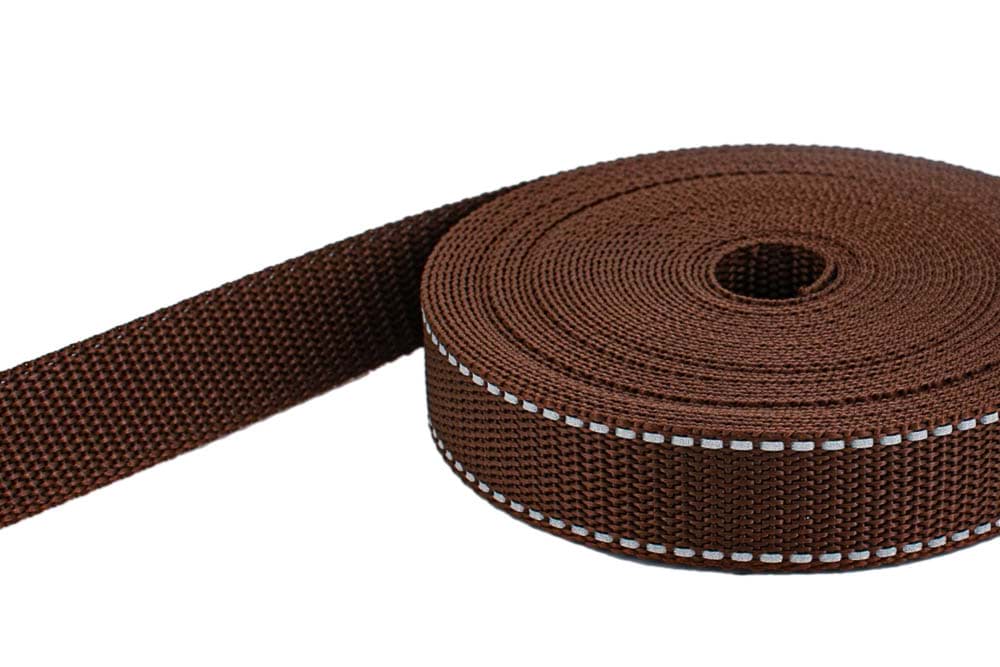 50m PP webbing - 20mm width - 1,4mm thick - brown with reflective stripes (UV)