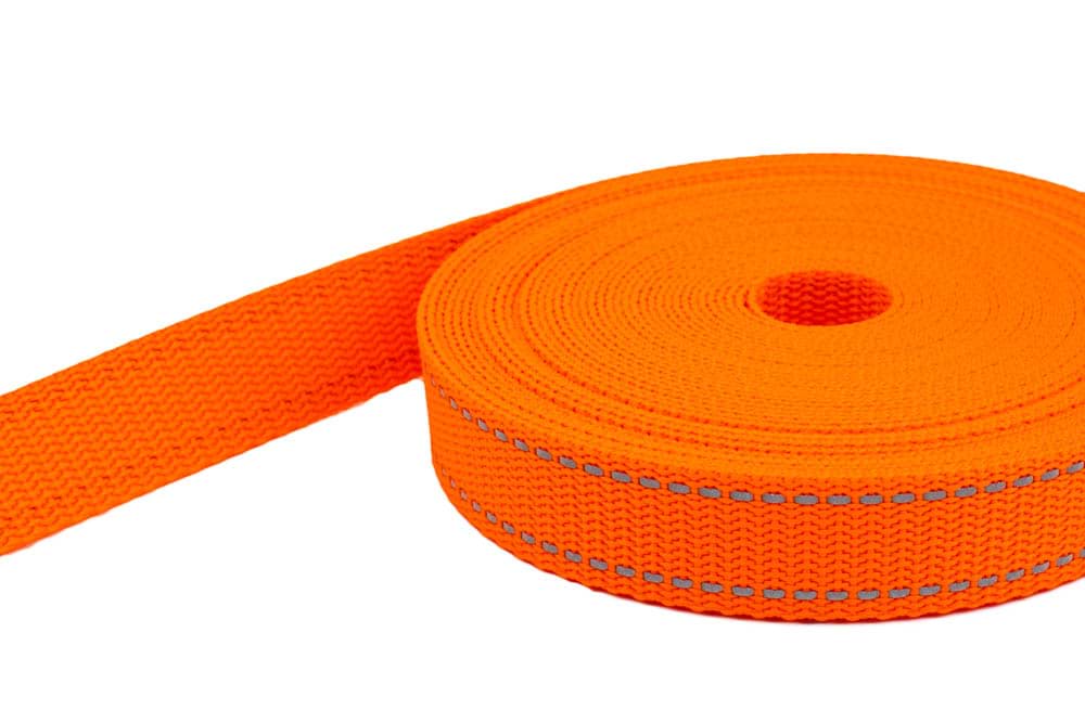 50m PP webbing - 25mm width - 1,4mm thick - orange with reflective stripes (UV)
