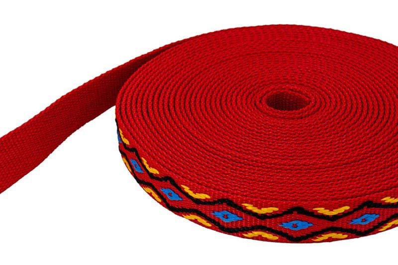 50m roll 4-colored PP webbing - blue/yellow/black on red webbing - 25mm wide
