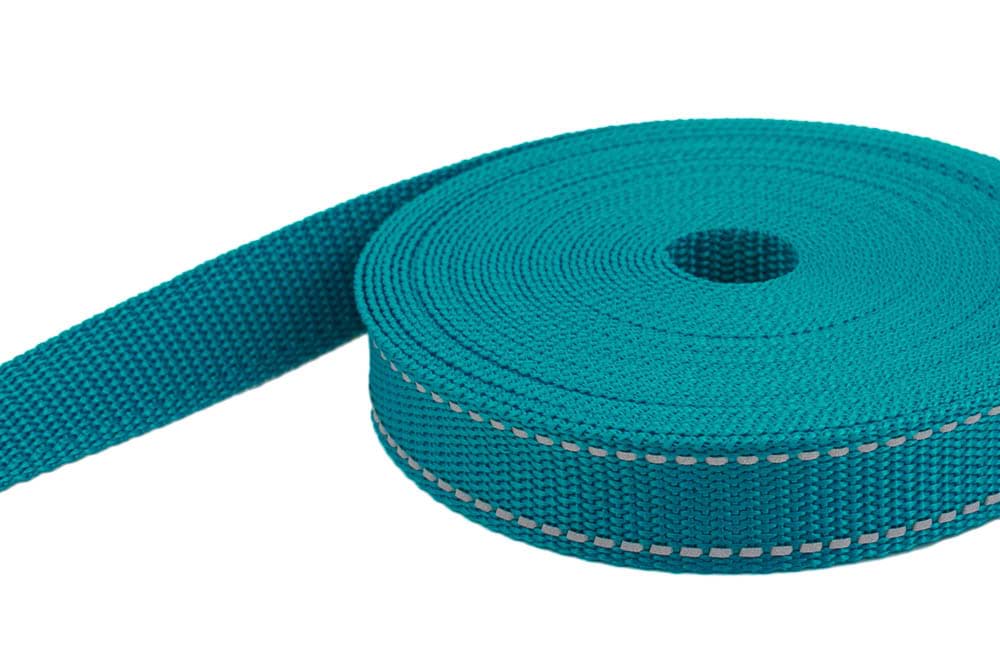 10m PP webbing- 25mm wide - 1,4mm thick - petrol blue with reflecting stripes (UV)
