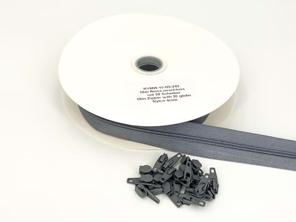 10m endless  zipper - 4mm rail - colour: grey - with 20 sliders