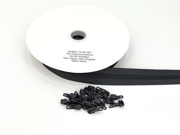 10m endless  zipper - 4mm rail - colour: dark grey - with 20 sliders